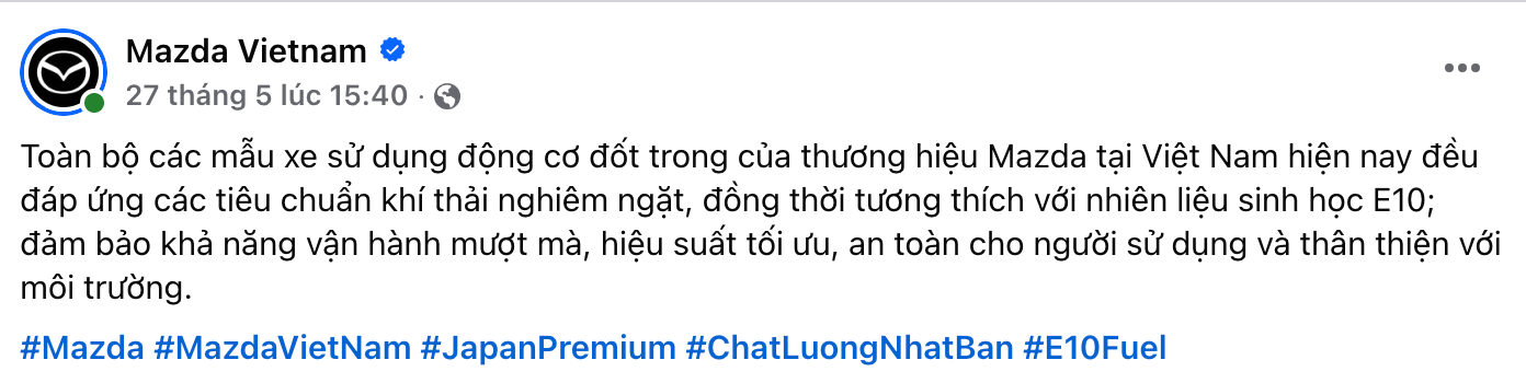 Thông báo về xăng E10 trên fanpage chính thức của hãng Mazda Vietnam